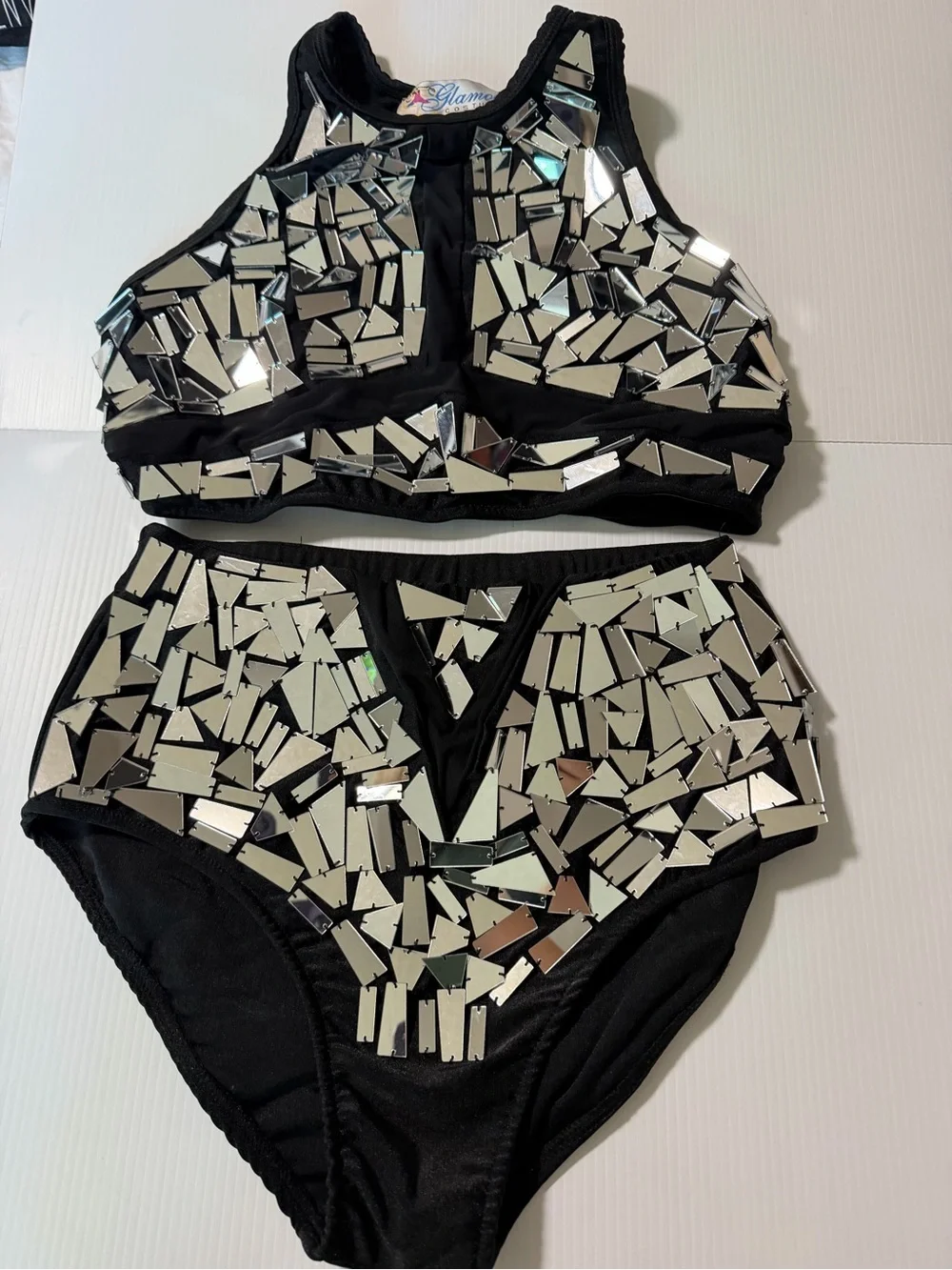 Glamour silver Mosaic Rhinestone 2 Piece Dance Costume Solo Jazz Contemporary LA